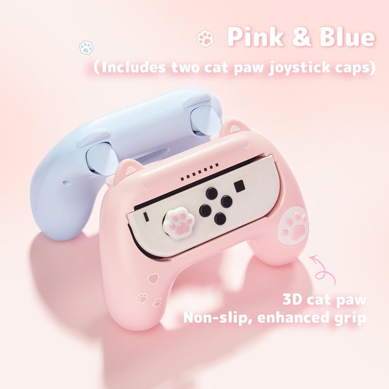 GEEKSHARE Grips for Nintendo Switch Joy Con, Ergonomic Design Controller Grip Kit for Switch and OLED Joy Con with 2 Thumb Grip Caps - Pink & Blue - Image 2